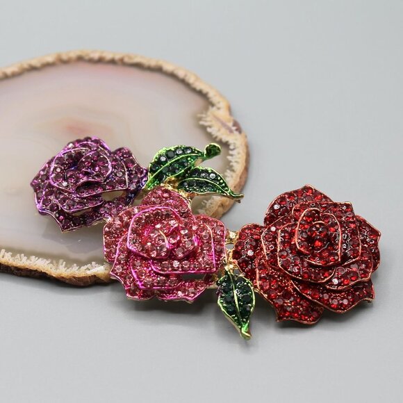 Jewelry pin brooch rose roses flower large gold tone pink red purple fashion - Picture 5 of 12
